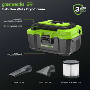 24V 3 Gallon Wet/Dry Vacuum (Tool Only)