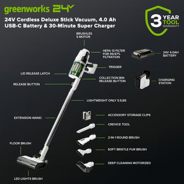 24V Cordless Deluxe Stick Vacuum, 4.0 Ah USB-C Battery & 30-Minute Super Charger