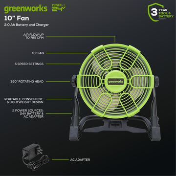 24V Portable Fan with 2.0Ah USB Battery and AC Adapter/Charger Included