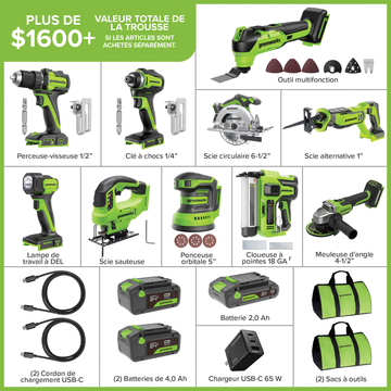 24V Brushless 10-Piece Power Tool Combo Kit, (2) 4.0Ah & (1) 2.0Ah USB-C Batteries & 65W Charger Included