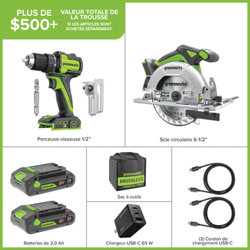 24V Brushless Drill/Driver & 6.5" Circular Saw Combo Kit – (2) 2.0Ah USB-C Batteries & 65W USB-C Fast Charger Included