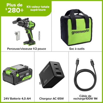 24V Cordless 1/2" 800 in/lbs Drill/Driver – 4.0Ah USB-C Battery & 65W USB-C Fast Charger Included